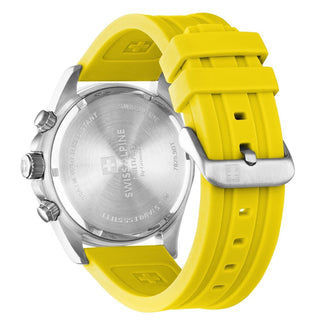 Angle shot of Swiss Alpine Military Chronograph 7029.9838 Yellow Silicone Unisex Watch on white background