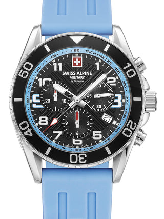 Front view of Swiss Alpine Military Chronograph 7029.9831 Blue Silicone Unisex Watch on white background