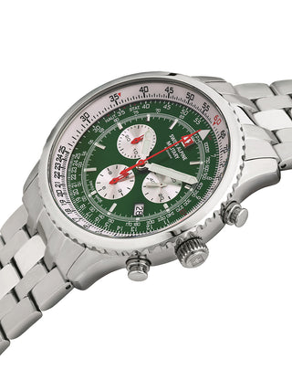 Angle shot of Swiss Alpine Military Chronograph 7078.9134 Green Dial Silver Stainless Steel Unisex Watch on white background