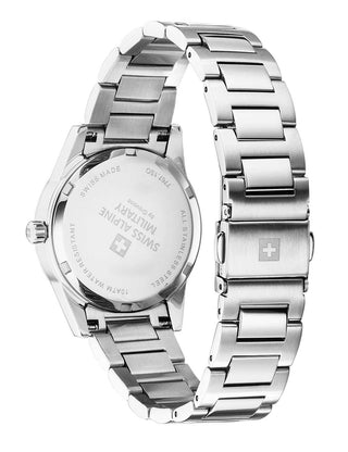 Angle shot of Swiss Alpine Military 7767.1132 Silver Stainless Steel Womens Watch on white background