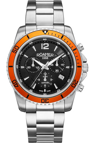 Front view of Roamer Nautic Chrono 100 862837-41-65-20 Black Dial Grey Stainless Steel Mens Watch on white background