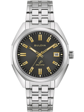 Front view of Bulova Jet Star 96B415 Grey Dial Silver Stainless Steel Unisex Watch on white background