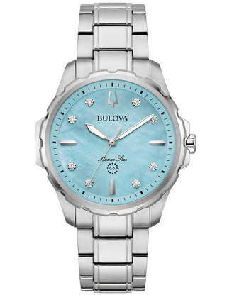 Front view of Bulova Marine Star 96P248 Blue Dial Silver Stainless Steel Womens Watch on white background