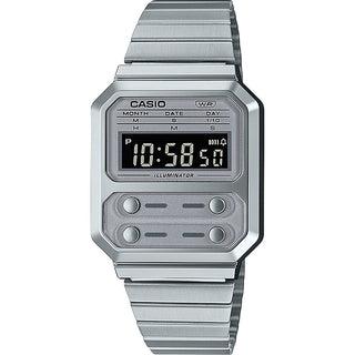 Front view of Casio Retro Vintage A100WE-7BEF Black Dial Grey Stainless Steel Unisex Watch on white background