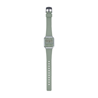 Angle shot of Casio Retro Vintage A100WEF-3AEF Green Rubber Unisex Watch on white background