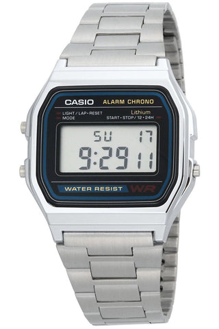 Front view of Casio Retro Vintage A158WA-1D Black Dial Grey Stainless Steel Unisex Watch on white background