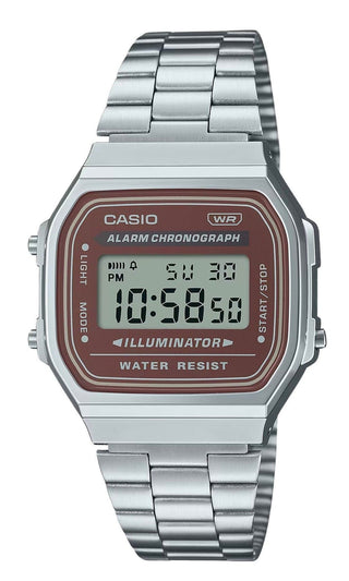 Front view of Casio Retro Vintage A168WA-5A Red Dial Grey Stainless Steel Unisex Watch on white background