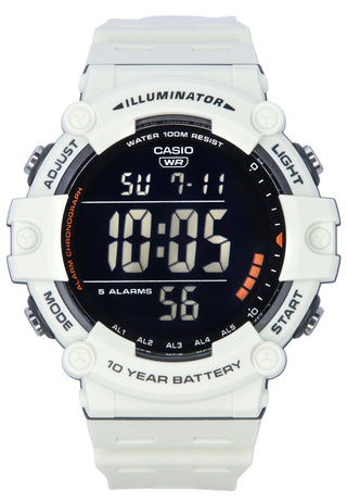 Front view of Casio Sports AE-1500WH-8B2 Black Dial White Resin Mens Watch on white background