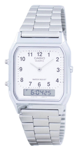 Front view of Casio Edgy Collection White Numbers AQ-230A-7BMQ Metal Mens Watch on white background