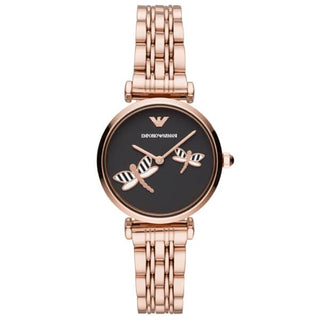 Front view of Emporio Armani Gianni T Bar AR11206 Black Dial Gold Stainless Steel Womens Watch on white background