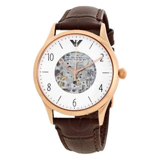 Front view of Emporio Armani Meccanico AR1920 White Dial Brown Leather Mens Watch on white background