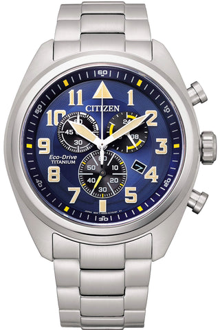 Front view of Citizen Eco-Drive Chronograph AT2480-81L Blue Dial Grey Stainless Steel Mens Watch on white background