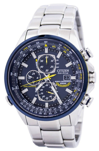 Front view of Citizen Eco-Drive Chronograph AT8020-54L Blue Dial Grey Stainless Steel Mens Watch on white background