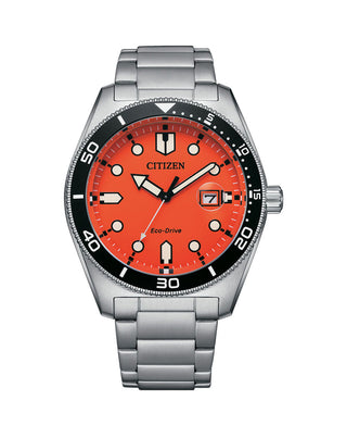 Front view of Citizen Eco-Drive AW1760-81X Orange Dial Steel Stainless Steel Mens Watch on white background