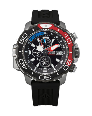 Front view of Citizen Eco-Drive Crono Aqualand Chronograph BJ2167-03E Black Rubber Mens Watch on white background