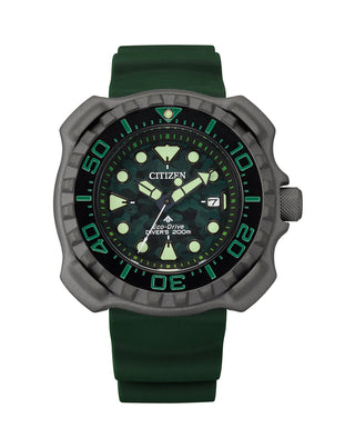 Front view of Citizen Promaster BN0228-06W Green Rubber Mens Watch on white background