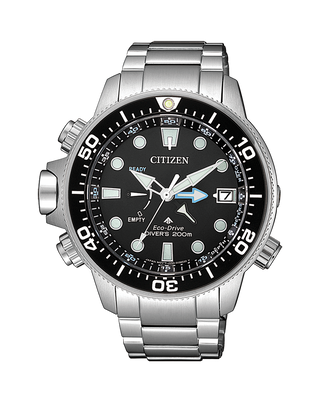 Front view of Citizen Eco-Drive Promaster BN2031-85E Black Dial Grey Stainless Steel Mens Watch on white background