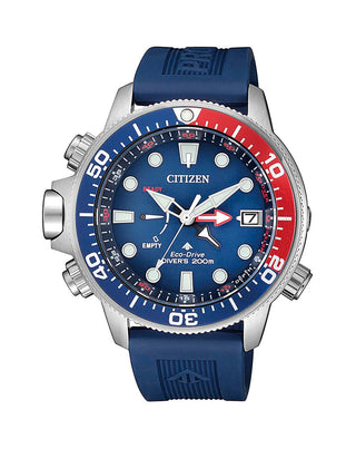 Front view of Citizen Eco-Drive Promaster Chronograph BN2038-01L Blue Rubber Mens Watch on white background