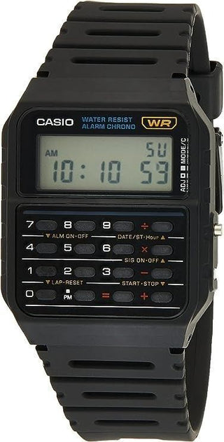 Front view of Casio Databank CA-53W-1ZDR Black Resin Unisex Watch on white background