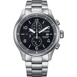 Front view of Citizen Eco-Drive Chronograph CA0810-88E Black Dial Grey Stainless Steel Mens Watch on white background