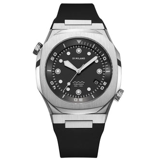 Front view of D1 Milano Subacqueo Deep Black D1-DVRJ01 Mens Watch on white background