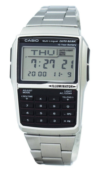 Front view of Casio Databank Calculator Steel DBC-32D-1ADF Mens Watch on white background