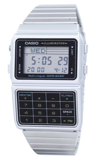 Front view of Casio Databank Calculator Steel Matt Case DBC-611-1DF Mens Watch on white background