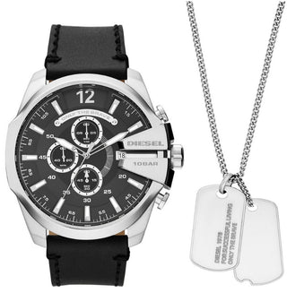 Front view of Diesel Mega Chief Special Pack + Necklace Chronograph DZ4559 Mens Watch on white background