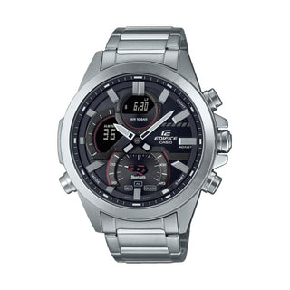 Front view of Casio Edifice ECB-30D-1AEF Black Dial Grey Stainless Steel Mens Watch on white background