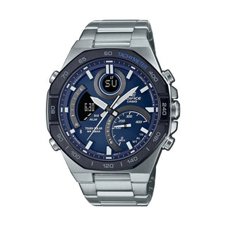 Front view of Casio Edifice ECB-950DB-2AEF Blue Dial Grey Stainless Steel Mens Watch on white background