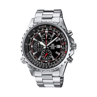 Front view of Casio Edifice Chronograph EF-527D-1AVEF Black Dial Grey Stainless Steel Mens Watch on white background