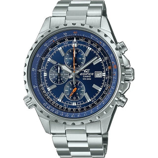 Front view of Casio Edifice Chronograph EF-527D-2AVUEF Blue Dial Grey Stainless Steel Mens Watch on white background