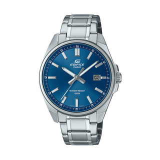 Front view of Casio Edifice EFV-150D-2AVUEF Blue Dial Grey Stainless Steel Mens Watch on white background