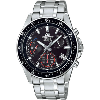 Front view of Casio Edifice Chronograph EFV-540D-1AVUEF Black Dial Grey Stainless Steel Mens Watch on white background