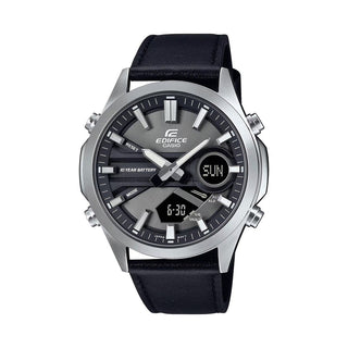 Front view of Casio Edifice EFV-C120L-8AEF Grey Dial Black Leather Mens Watch on white background