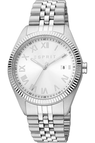 Front view of Esprit Hugh ES1G365M0045 Grey Stainless Steel Mens Watch on white background