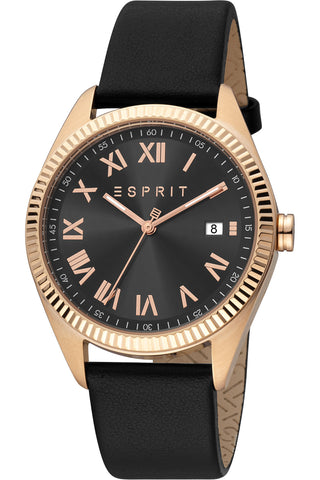 Front view of Esprit Hugh ES1G365V0085 Black Leather Mens Watch on white background