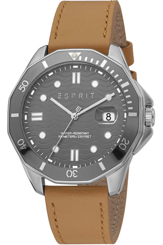 Front view of Esprit Kale ES1G367L0035 Grey Dial Brown Leather Mens Watch on white background