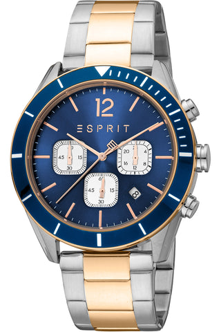 Front view of Esprit Rob Chronograph ES1G372M0085 Blue Dial Rose Gold Stainless Steel Mens Watch on white background