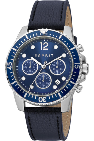 Front view of Esprit Hudson Chronograph ES1G373L0025 Blue Leather Mens Watch on white background