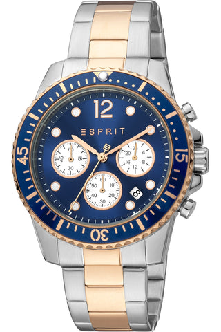 Front view of Esprit Hudson Chronograph ES1G373M0095 Blue Dial Rose Gold Stainless Steel Mens Watch on white background