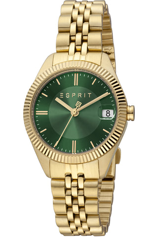 Front view of Esprit Madison ES1L340M0075 Green Dial Gold Stainless Steel Womens Watch on white background