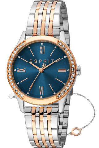 Front view of Esprit Anny ES1L345M0105 Blue Dial Rose Gold Stainless Steel Womens Watch on white background