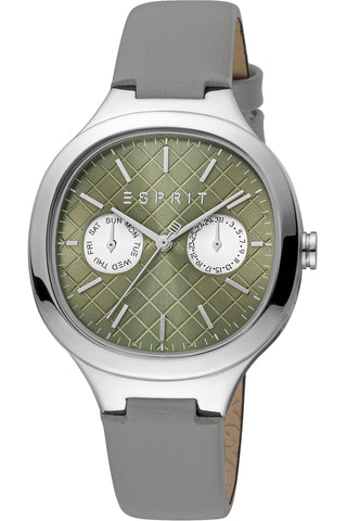 Front view of Esprit Momo ES1L352L0025 Green Dial Grey Leather Womens Watch on white background