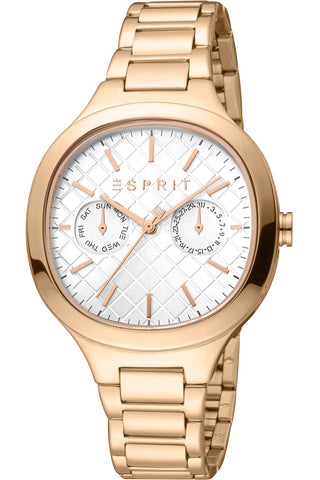 Front view of Esprit Momo ES1L352M0075 Grey Dial Rose Gold Stainless Steel Womens Watch on white background