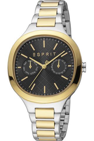 Front view of Esprit Momo ES1L352M0085 Black Dial Gold Stainless Steel Womens Watch on white background