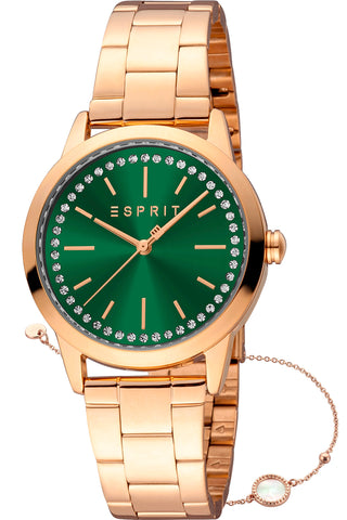 Front view of Esprit Vaya ES1L362M0095 Green Dial Rose Gold Stainless Steel Womens Watch on white background