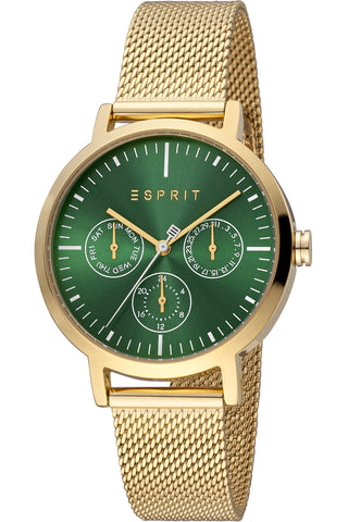 Front view of Esprit Beth ES1L364M0085 Green Dial Gold Stainless Steel Womens Watch on white background