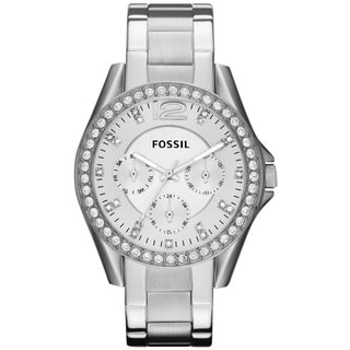 Front view of Fossil Riley Multifunction ES3202 Silver Dial Stainless Steel Womens Watch on white background