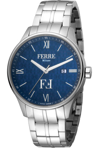 Front view of Ferre Milano FM1G112M0251 Blue Dial Grey Stainless Steel Mens Watch on white background